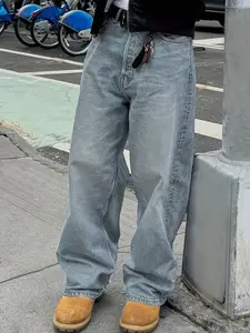 Straight Leg Denim Jeans Cotton Slant Pockets Washed Jean, Casual Versatile Vintage Wide Leg Jeans, Couple Matching Straight Fit Loose Fit