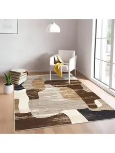 5x7 ft Brown Contemporary Abstract Print Home Decorative Rug, Faux Wool Soft Low-Pile Indoor Carpet, Machine Washable, Non-Slip, Non-Shedding, Stain-Resistant for Bedroom, Living Room, Contemporary Home Decor