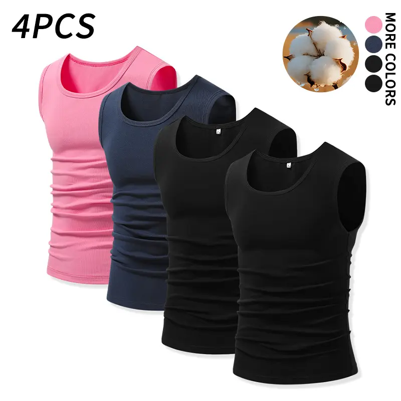 SPEEALER Men's 4-Piece Menswear Minimalist Slim-Fit Cotton Blend Sleeveless Tank Tops - Stretchy Ribbed, Lightweight, Moisture-Wicking Base Layers for Outdoor Walks, Sports Training, Inner Layering