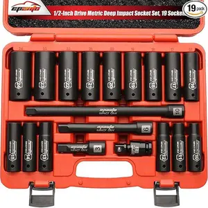 EPAuto 1/2-Inch Drive Metric (10-24 mm) Deep Impact Socket Set | Extension Bar | Universal Joint, Cr-V, 6 Points, 19 Pieces