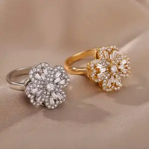 Spinning Four-Leaf Clover Ring Gold Plated with CZ Stones Adjustable Fidget-Friendly Design Trendy Jewelry for Stress Relief & Gifting