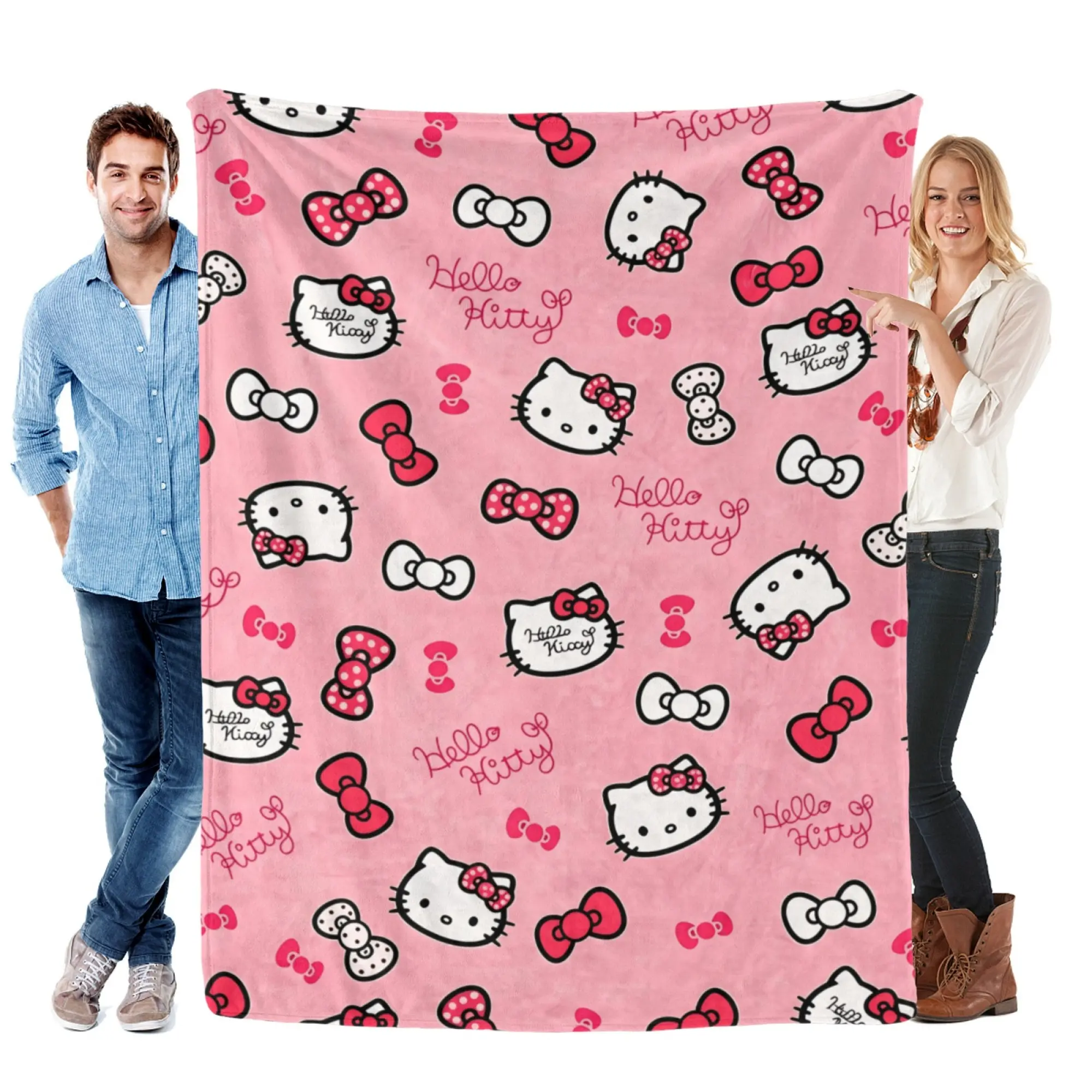 Hello Kitty Super Soft Pink Fleece Blanket - Classic Bow Pattern Sanrio Room Decor