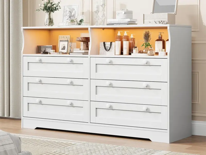 White Dresser for Bedroom Deep Drawers, Wide Wooden Bedroom Dressers with Power Outlet and Led Lights, Large Modern 6 Drawers Dressers and Tv Stand Dresser for Living Room, Hallway