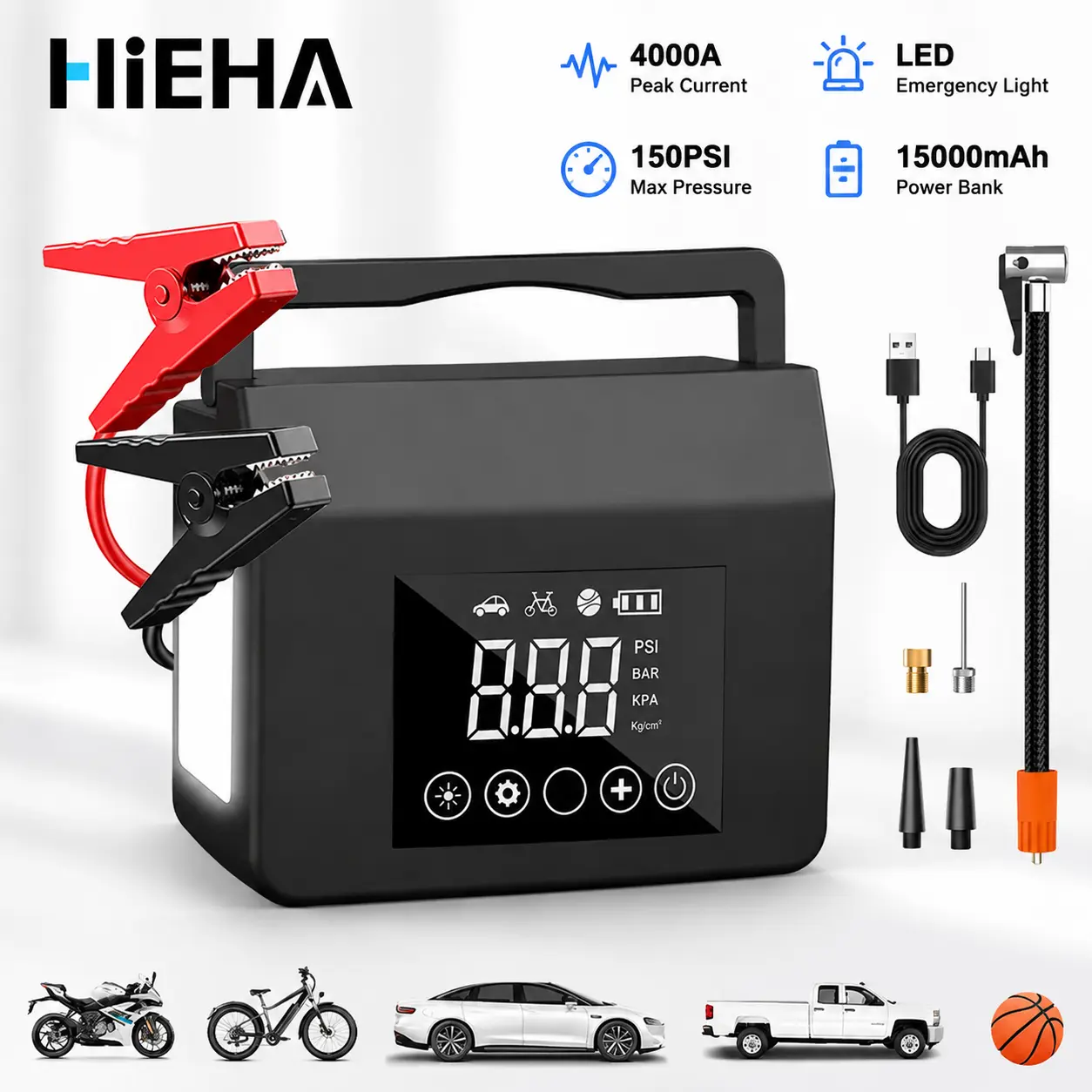 Hieha 4000A 12V Jump Starter with 150PSI Air Compressor - 15000mAh Portable Battery Booster Power Bank, LED Light, Type-C Cable, Fast Charging, Auto Power Off, Detachable Batteries for Trucks, SUVs, Car Accessories