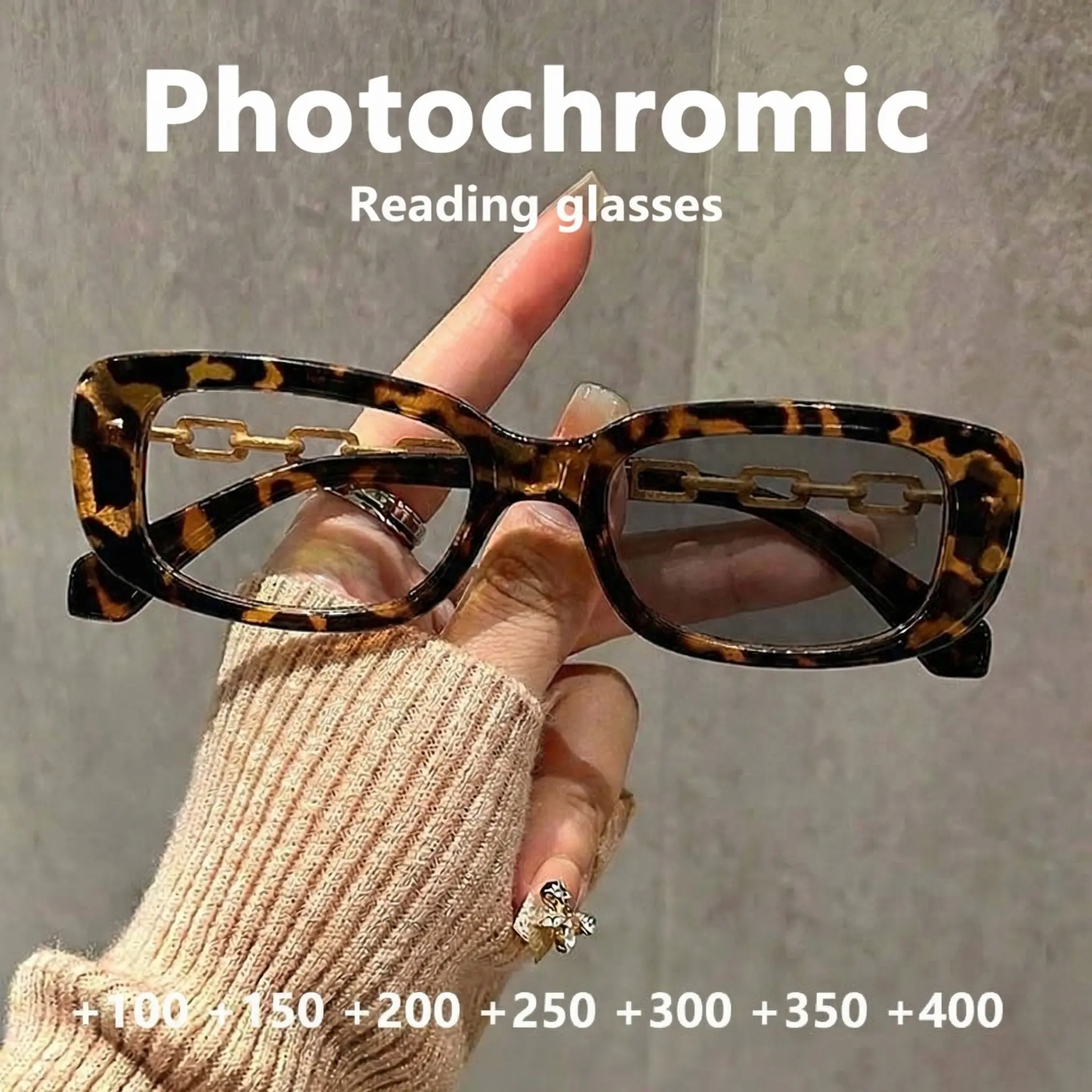 Vintage Tortoiseshell Rectangular Color-Changing Reading Glasses, Classic Rectangle Frame, Chain Decor High-End Design, Unisex Daily Use Commute Eyeglasses, High Quality Eyewear, Rectangle Frames Eyeglasses