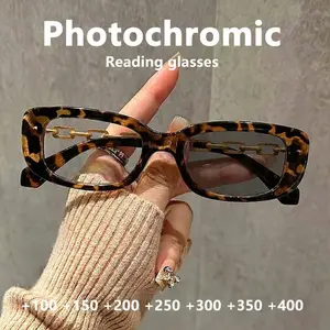 Vintage Tortoiseshell Rectangular Color-Changing Reading Glasses, Classic Rectangle Frame, Chain Decor High-End Design, Unisex Daily Use Commute Eyeglasses, High Quality Eyewear