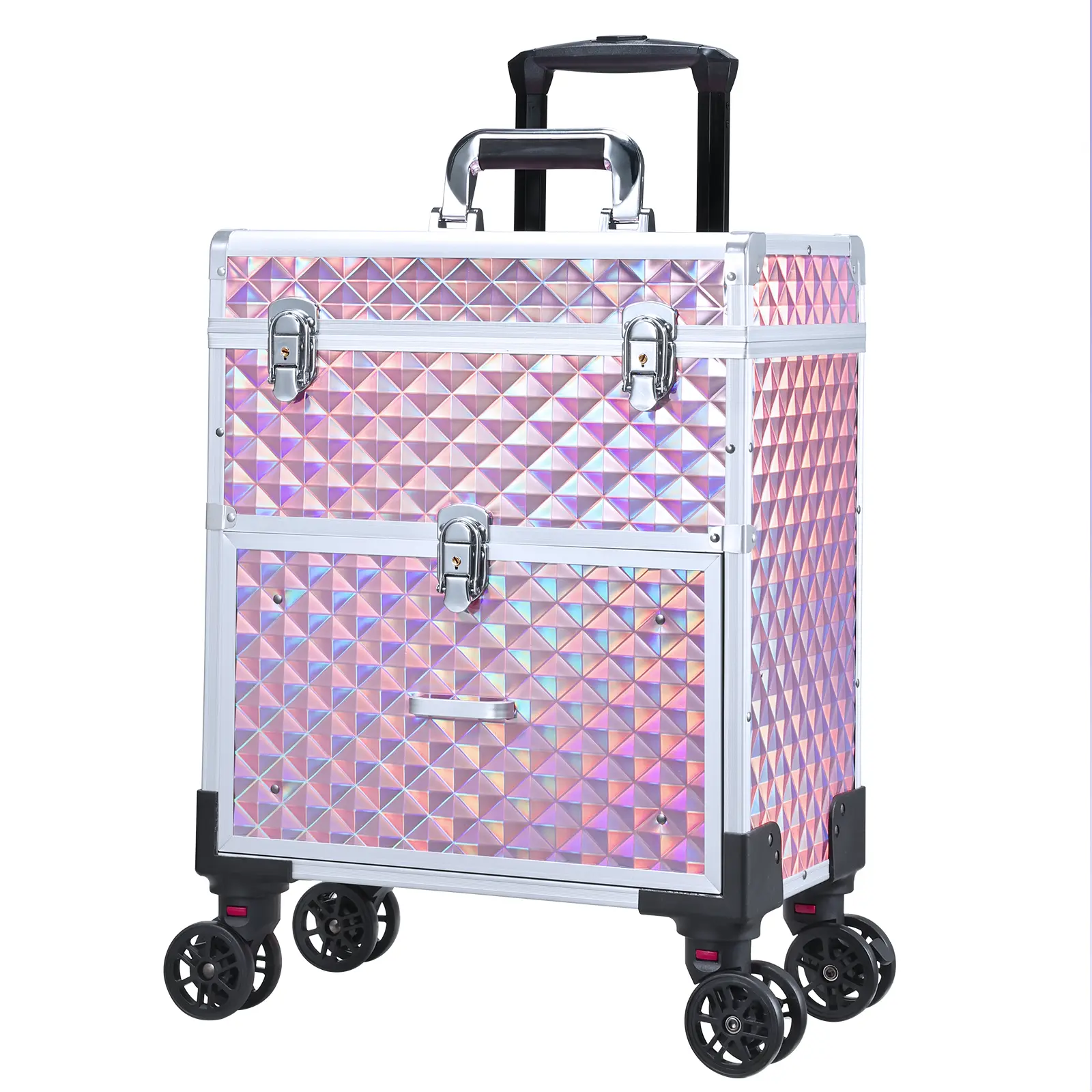 Large Rolling Makeup Train Case with Drawer Cosmetic Storage Trolley with Removable Bag Salon Barber Case for Makeup Artists Nail Tech Hairstylist