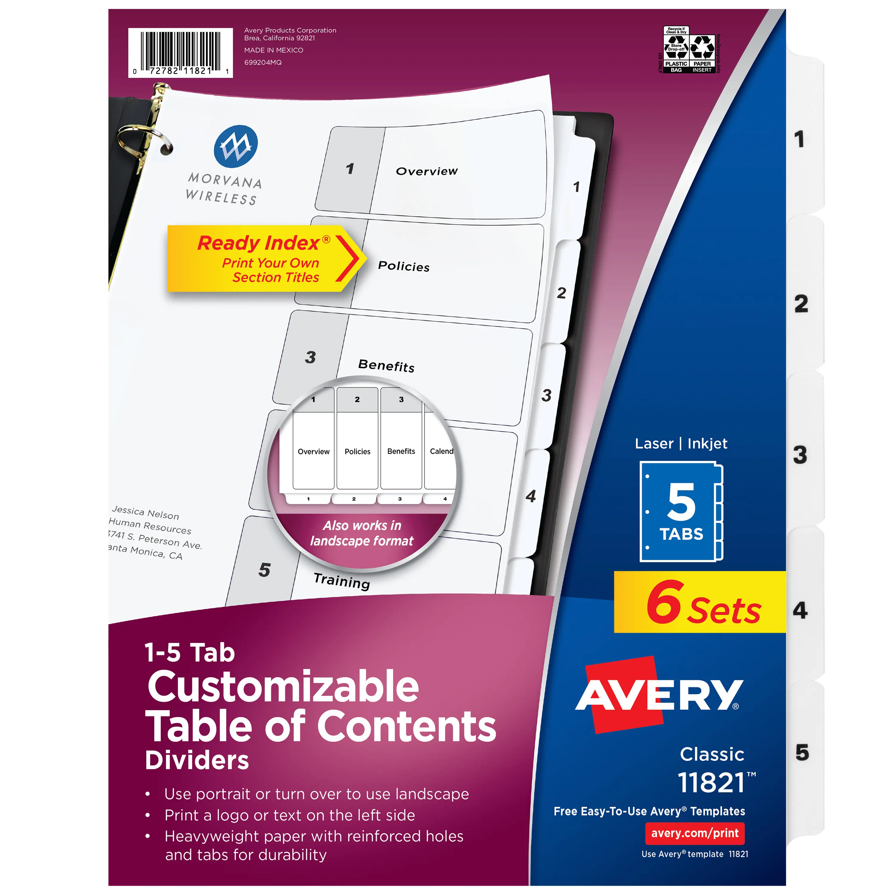 Avery 3-Ring Binder Dividers - Binder Organizer, Office Accessories, 5 Preprint Print-Ready Tabs per Set, Customizable Table of Contents, Classic White Tabs (6 Sets of 11821), Preprint Tabs