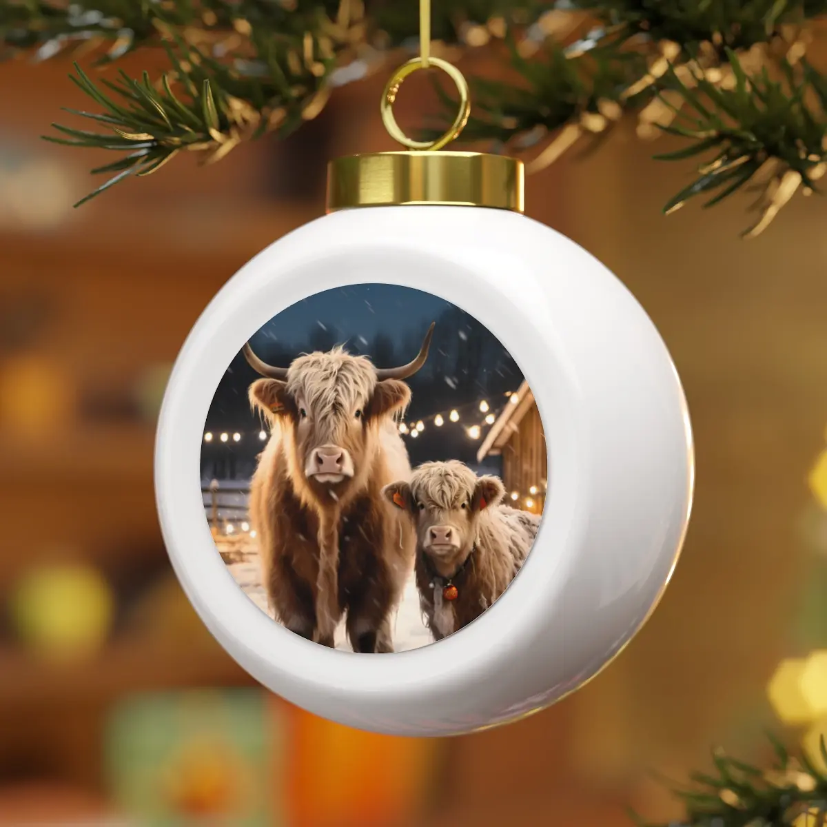 Christmas Highland Cow & Calf Ornament - Cottagecore Farmhouse Decor - Country Chic Holiday Gift, Seasonal Home Decorations, Holiday, Rustic Aluminium Ceramic Cowboy Curve Glossy Insert Magical Mother