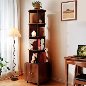 Rotating Bookshelf, 360 Degree Display 5 Tier Corner Bookshelf with Drawer for Small Space, Floor Standing Bookcase Storage Rack, Wood Narrow Book Shelf Organizer for Bedroom, Living Room (WALNUT)