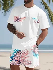 Men's Tropical Print Summer Sports Set, Casual Fashion, Short Sleeve T-Shirt & Shorts, Lightweight Breathable Activewear