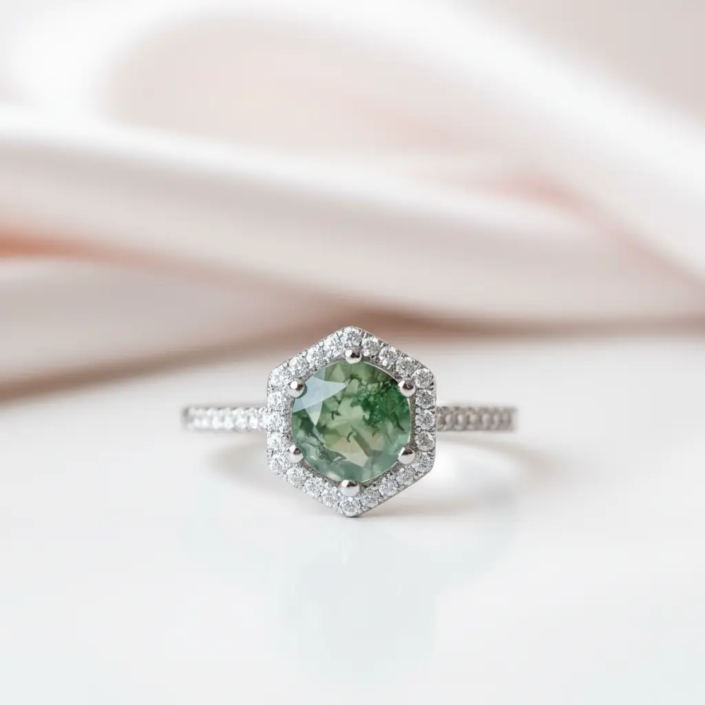 Round Cut Natural Moss Agate Hexagon Halo Engagement Ring