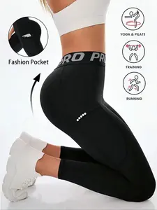 Women's High-Waisted Yoga Pants, Letter Waistband Design, High Waist Stretchy, Slimming & Comfortable, Outdoor Casual Tight Sports Reflective Dot Gym Workout Leggings with Pocket