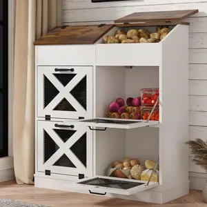 Large Wood Veggie Bin for Potato,Bread,Onion With 6 Large Storage Space. Root Vegetable Storage Box For Kitchen, Farmhouse Wood Potato Box With 4 Mesh Doors,32 * 12.4 * 36 INCH