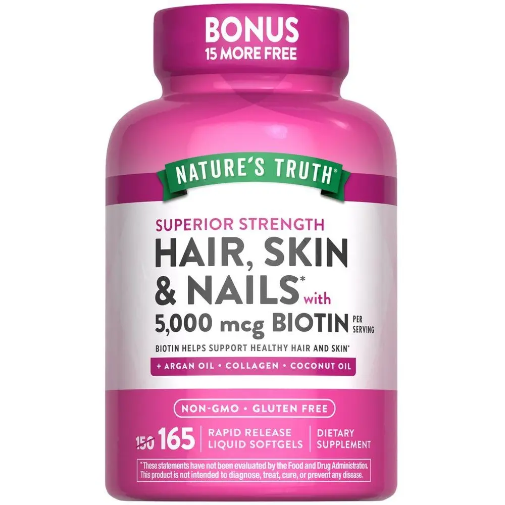 Nature's Truth Hair, Skin & Nails - 5000 mcg Biotin - 165 Softgels - with Collagen - Non-GMO & Gluten Free Supplement Nature's Truth Hair, Skin & Nails - 5000 mcg Biotin - 165 Softgels - with Collagen - Non-GMO & Gluten Free Supplement