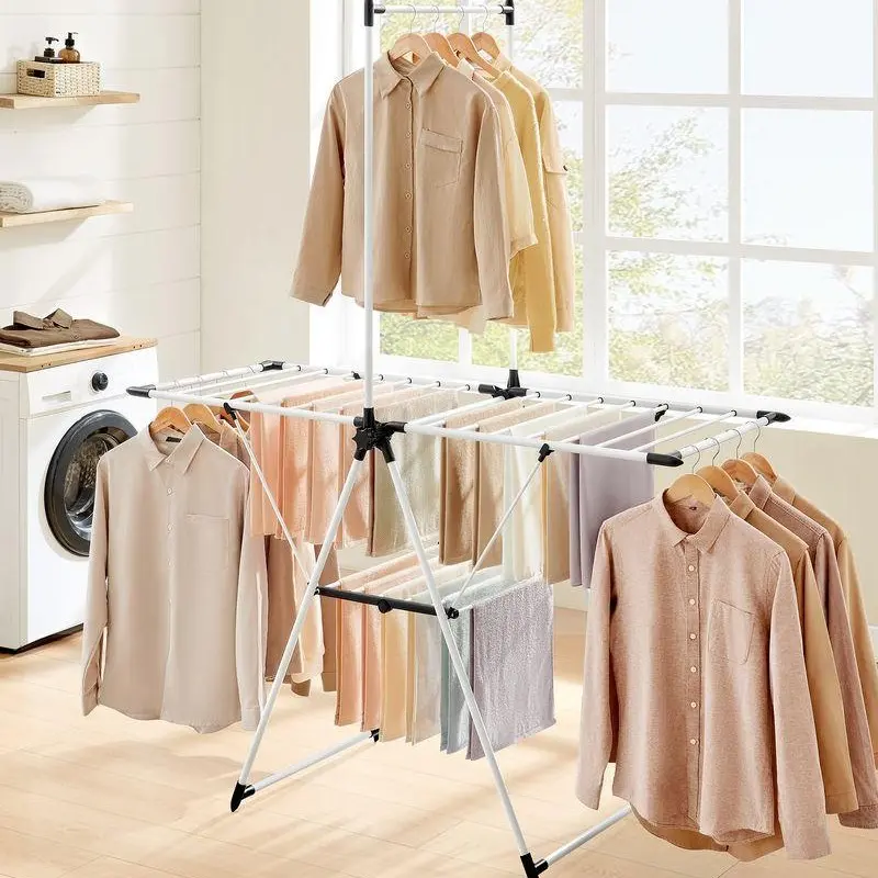 SONGMICSHOME Clothes Drying Rack - 2-Level Laundry Hanging Rack, Floor Mount Space Saving Foldable Free-Standing Airer, Steel+Plastic Construction
