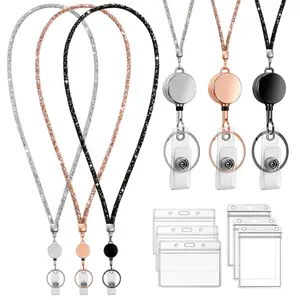 Crystal Lanyard with Retractable Badge Reel, 3 Counts/set Name Badge Holder, Identification Badges & Supplies for Office Worker, Retractable Badge Holders