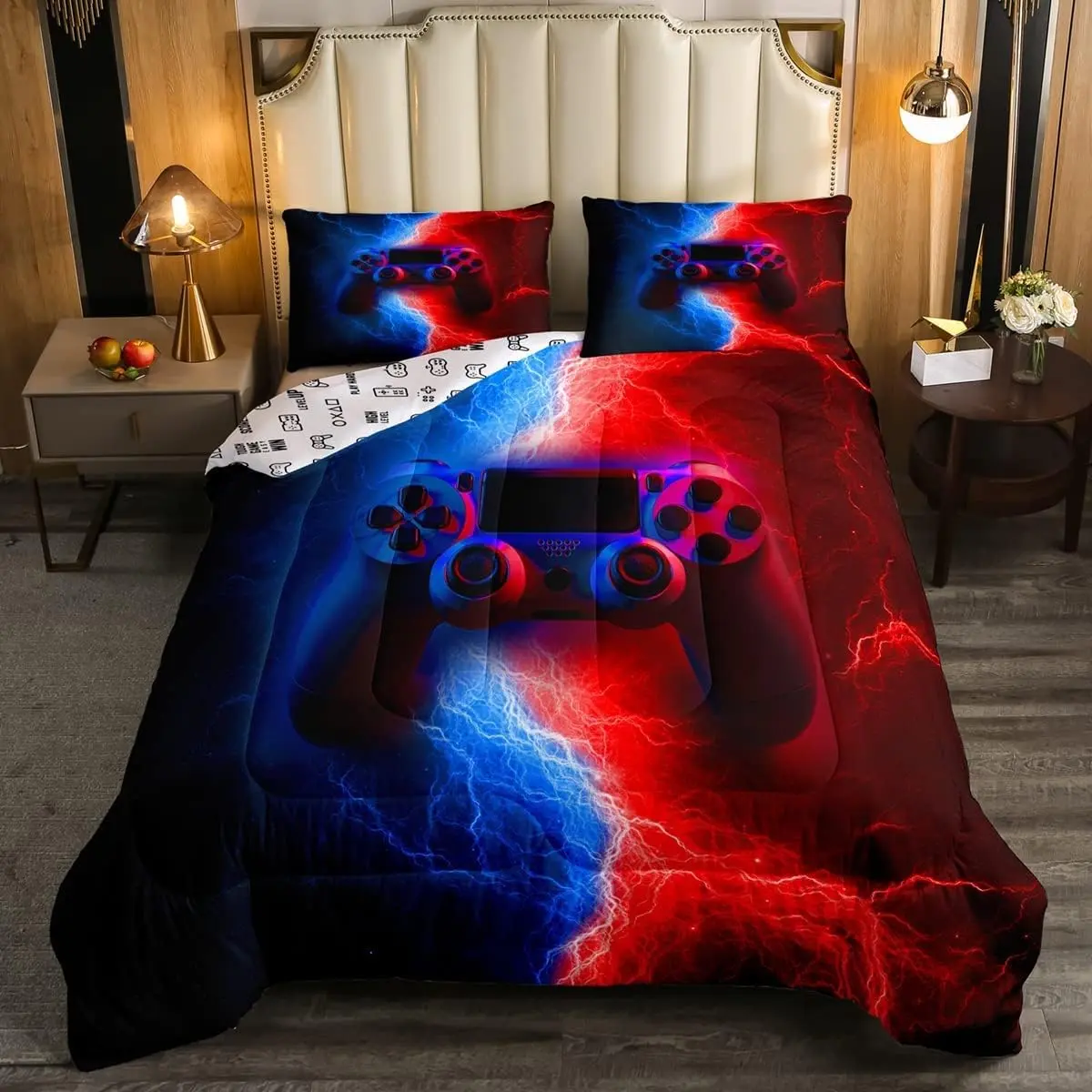 Feelyou Microfiber Low Roll Over Duvet Set - Boys' Gaming Themed, Red-Blue Soft Breathable Bedding, Includes Pillows, Easy to Carry for RV, King/Queen/Full Size Bed Linens