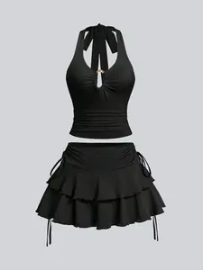 Two-Piece Set Women's Solid Ribbed Crop Tank Top & Tie Side Skirt, Casual Fashion Outfits for Summer, Ladies Clothes for Beach Holiday Vacation, Womenswear, Cropped Essential Sets