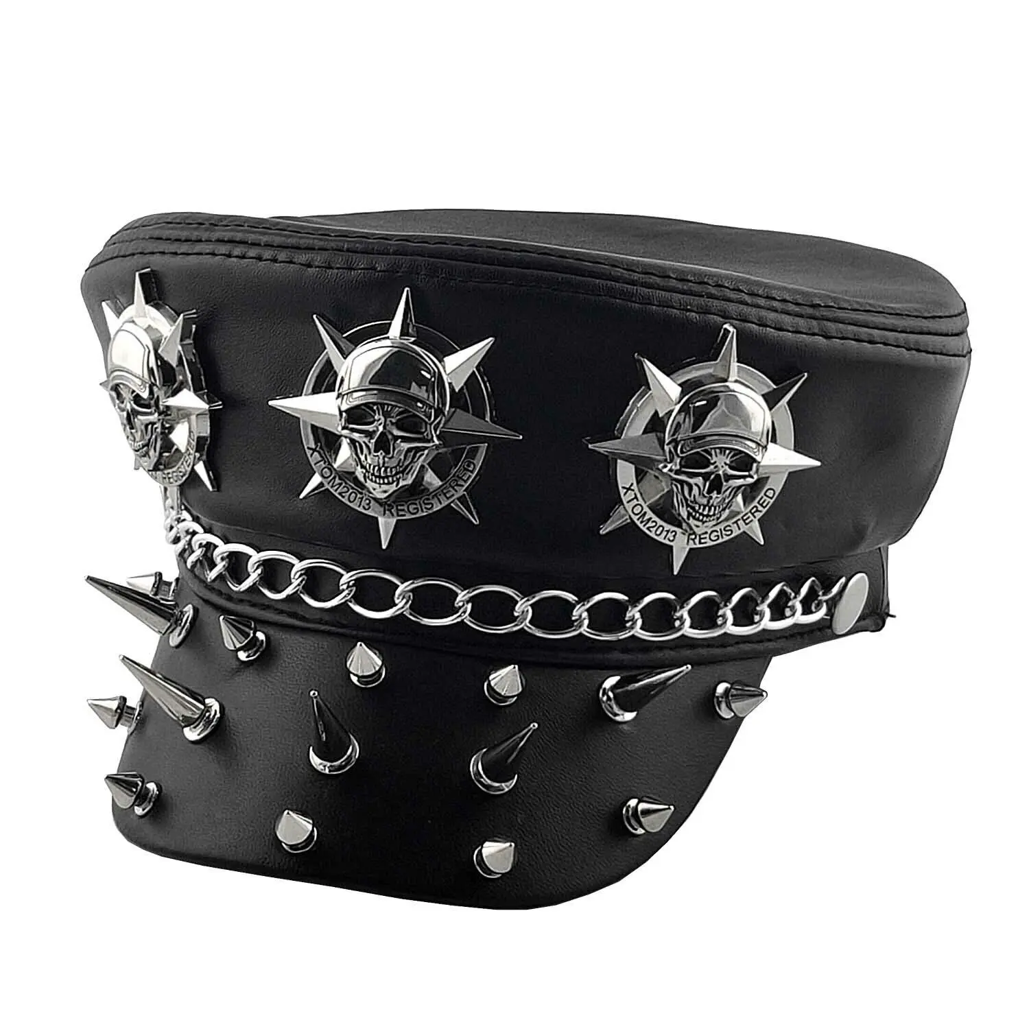 Men Fashion Punk Real Leather Biker Cap Casual Steampunk Rivet Hat Gift Black