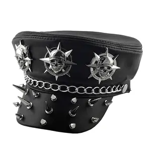 Men Fashion Punk Real Leather Biker Cap Casual Steampunk Rivet Hat Gift Black