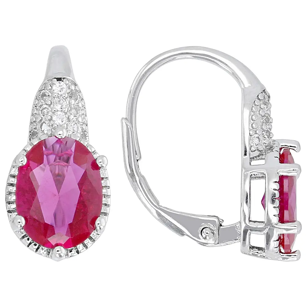 Oval Dangle Earrings for Adults with Lab Created Ruby and Sapphire, 2.64ctw Rhodium Plated Brass with Lever Backs, Ear Accessories, Alloy, 0.61"L X 0.28"W, Lever Backings