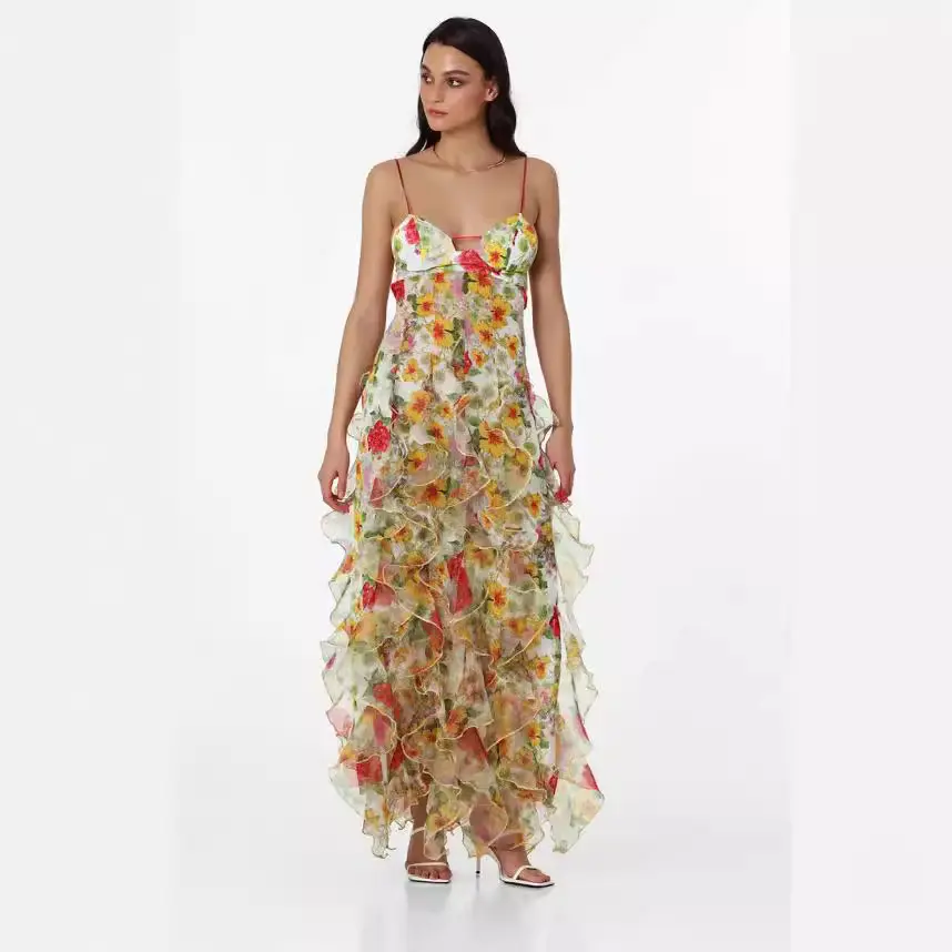 Minimalist Romantic Bohemian Spaghetti Strap Chiffon Maxi Dress, Soft Elegant V-Neck Floral Print, Tiered Ruffle High Slit Dress for Women, Beach Bridal Party Outdoor Outfit, Silky, Fabric