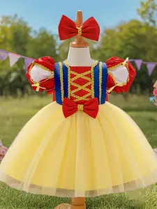 Toddler Girl's Colorblock Puff Sleeve Cloak Sleeve Sweater Dress, Cute Elegant Princess Dress, Bow Dress for Party Baby Shower, Bubble Dress Girl, Kids Clothing for Summer