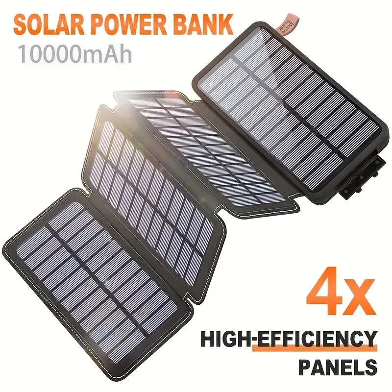 10000mah Solar Power Bank, 4 Solar Panels, 2 USB Output Ports, Tc Input Port, Android Input Port, Perfect for All Phones, Travel, Camping, Travel Gadgets, Portable Power Bank, Solar Powerbank