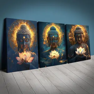 Canvas Wall Art Set of 3 Buddha Images, 30x40 Cm (11.81x15.75 Inches), Framed Home Decor for Living Room, Coffee Shop, Office, Luxury Hanging