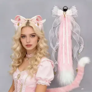 Lolita Pink Cat Ears Headband & Furry Fox Tail Set Handmade Cosplay Beast Ears Tail Props with Bells for Summer