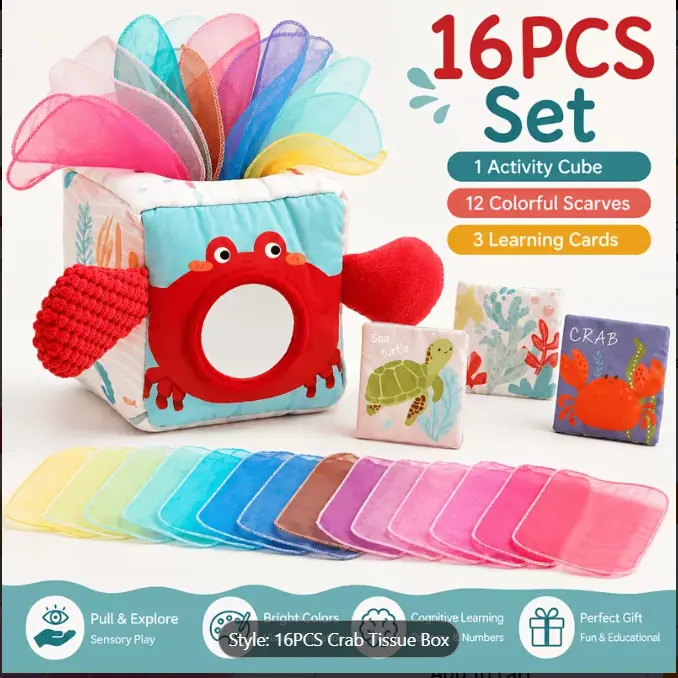 Baby Tissue Box Toy - Montessori Sensory Toys for 6-12 Months Infant, Baby Toys 6 7 8 9 Month - 1 Year Old with 6 Crinkle Tissues & 10 Scarves, Developmental Tissue Pulling Toy Boy Girl Birthday Gift