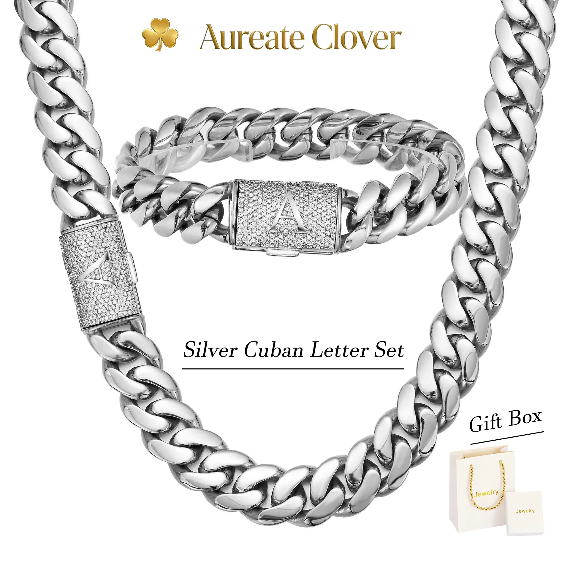 14mm Iced-Out Stainless Steel Cuban Chain Set - Men’s Initial Necklace Set, Miami Cuban Link Bracelet, Custom Letter Clasp, AAA Zirconia, Stylish Christmas Gift, Diamond Alternative, Matching Pair