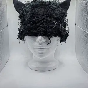 Black Devil horn Hat with Frayed Texture and Unique Design for Festive Outfits