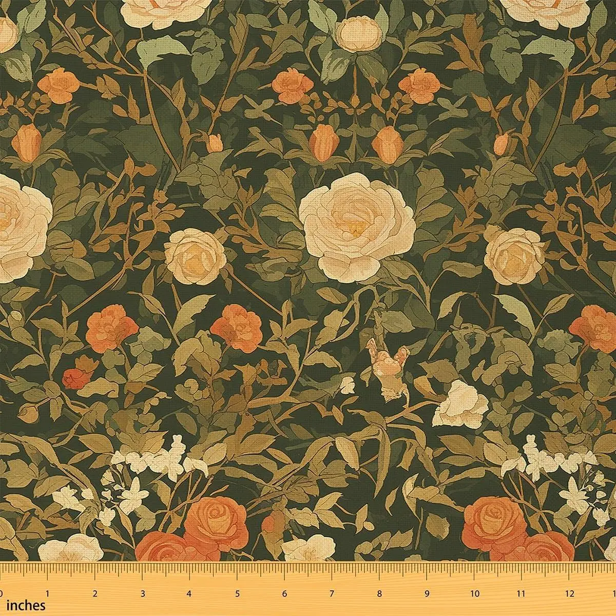 Florals Flannel Fabric,Leaves Flower Nature Upholstery,Garden Botanical Indoor Not Stretchy,Spring DIY Decorative,Black Orange