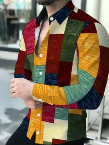 Men's long-sleeve Casual Button Front Shirt with a colorful patchwork design Novel pattern