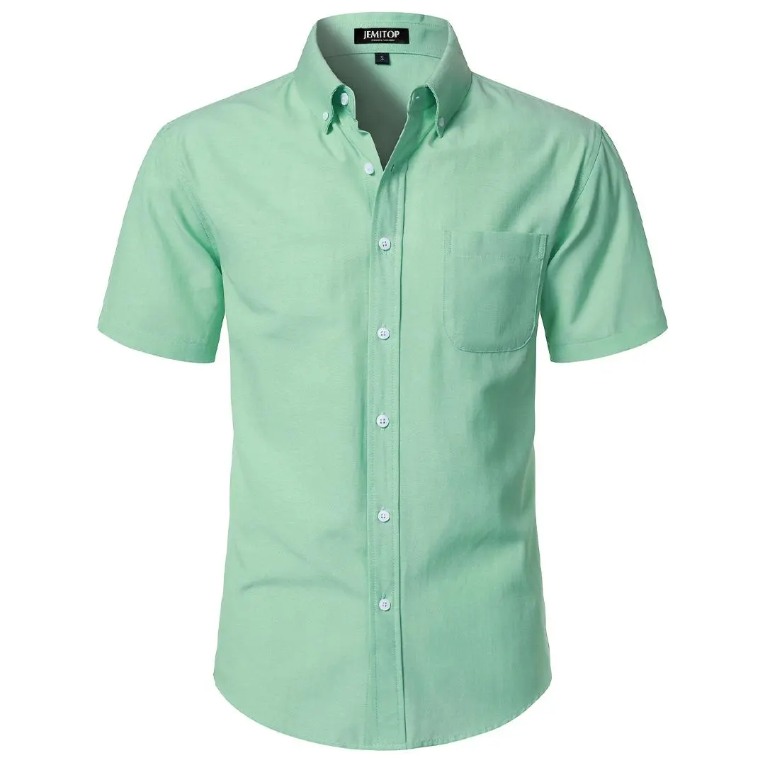 JEMITOP Men's Oxford Shirt, Slim-Fit Short Sleeve Lightweight Cotton with Back Pleat for Work & Wedding, Low Heat Dry & Iron, Button