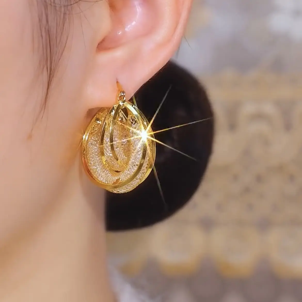 Exquisitely crafted, elegant, sophisticated, stylish, classic and versatile hoop earrings; gold-coloured, 14k gold-plated, hypoallergenic earrings; gift jewellery; party jewellery; sparkling earrings