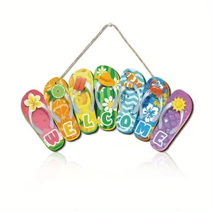 Vibrant Hawaiian Sandal Welcome Sign, Handmade Wooden Decoration with Tropical Floral Accents, Rope Hanging Ornament for Beach Parties, Home Decor