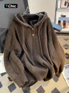 Women's Oversized Hooded Button Up Drawstring Adjustable Long Sleeve Pullover Sweater Autumn/Winter Casual Solid Color Warm Thick Chunky Cozy Soft Jumper Sweater Top, Women Fall Outfit, Winter Sweater for Women, Garment, Womenswear