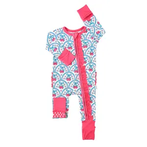 Cherry RUFFLE ZIP Super Soft Bamboo Viscose 2-Way Zipper One Piece with Mitten Cuffs and Fold-Over Foot for Newborn to 24m