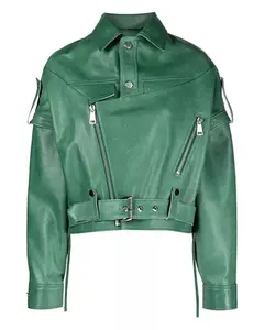 Womens Green Leather Biker Jacket