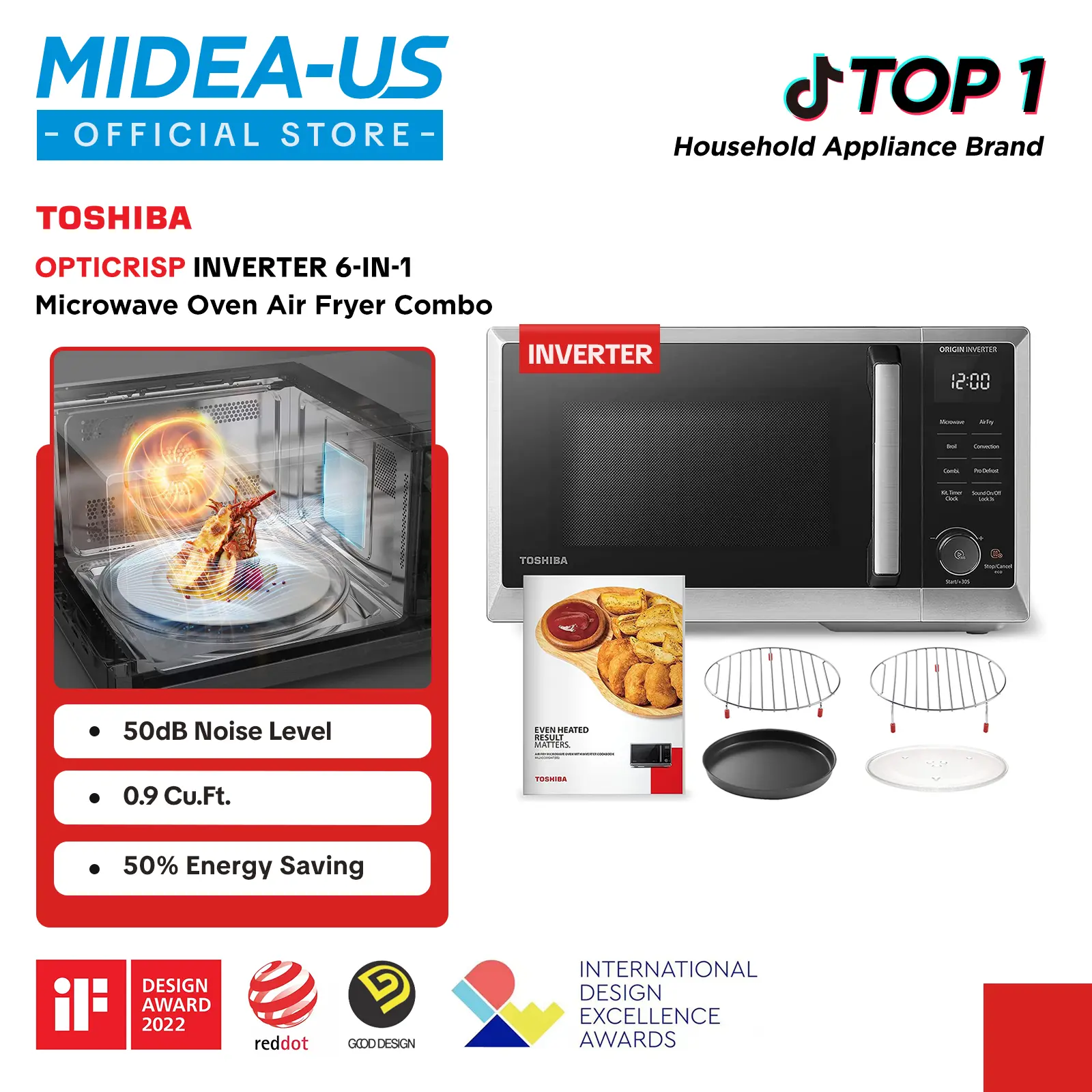 TOSHIBA OptiCrisp Ultra 6-in-1 Inverter Countertop Microwave Oven Healthy Air Fryer Combo, MASTER Series, Broil, Convection, Speedy Combi, Even Defrost 11.3'' Turntable Sound On/Off, 27 Auto Menu