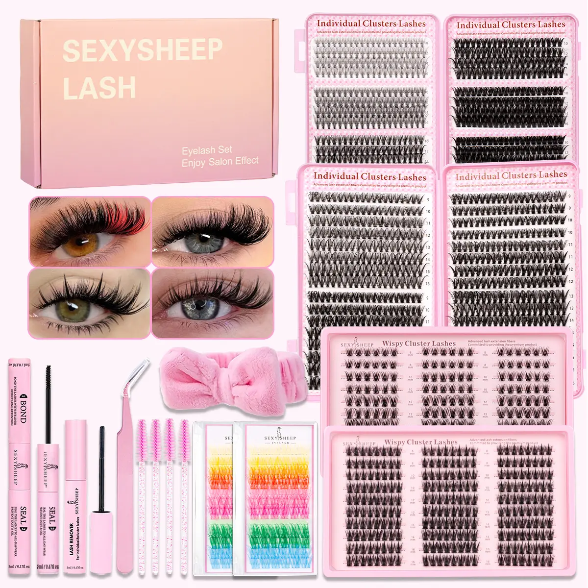 Mixed Styles Lash Clusters Kit,1 Set Mixed Length Individval Eyelash Extensions Kit,Self Grafting Fluffy False Eyelashes with Tweezers&Bond and Seal &Remover,Prefessional Eye Makeup Accessories for Women, Individual Cluster Lash, Eyelash Falsies