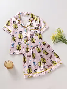 Girls' Sleepwear Set Coat Print Button-Down Short Sleeve Top Elastic Shorts Satin Fabric Comfortable Soft Sleepwear All Seasons Cartoon Print Pajama Summer Pjs