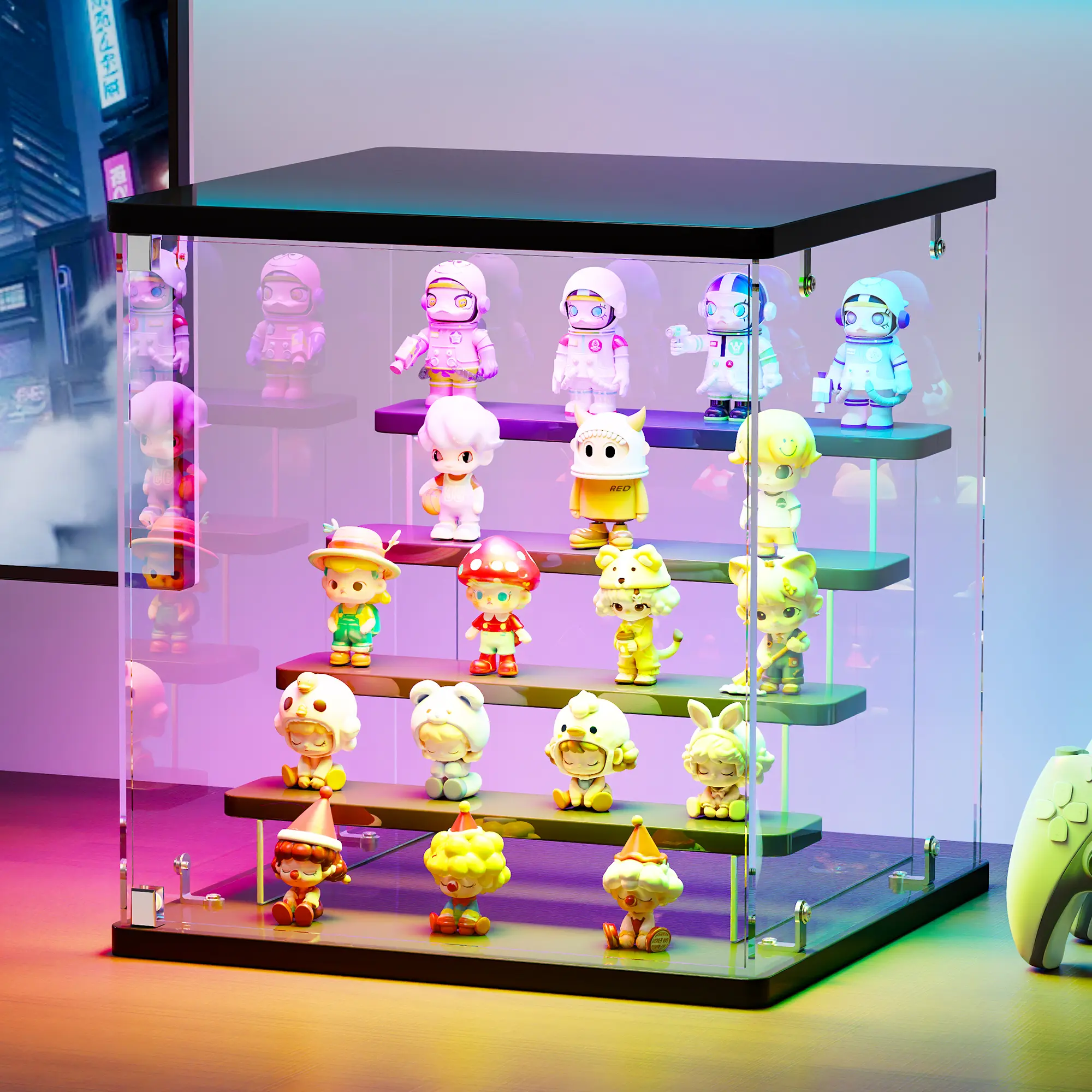 Dystler Clear Glass Display Cabinet with RGB Lighting | 4 Customizable Shelves, Dustproof Swing Glass Door, Freely Assemble Desktop Showcase for Action Figures, Scale Models & Interior Decor