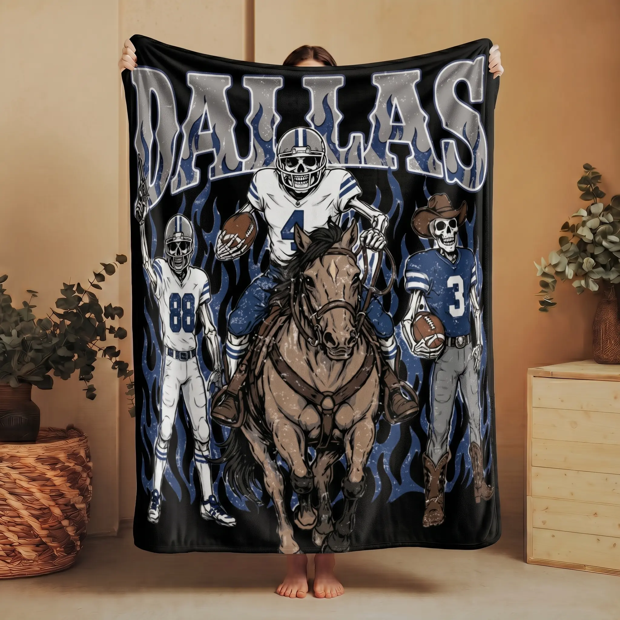 Dallas Football Skull Blanket, Game Day Gift For Football Fans
