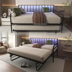 Twin Daybed with Trundle, Metal Twin Size Bed with RGB LED Lights & Charging Station, Height Adjustable Day Bed Frame with Trundle, Versatile Metal Sofa Bed Frame for Bedroom, Living Room, Guest Room, Black