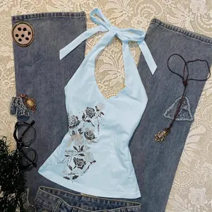 TOP 2025 American Retro Vintage Blue Rose Print Camisole Women's Design Halter Neck Top
