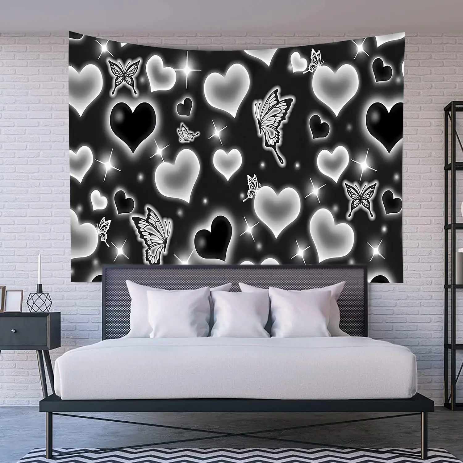 Cute Black and White Heart Tapestry Fantasy White Butterfly Aesthetic Tapestry Hippie 2000s Y2K Teen Girls Tapestries Wall Hanging for Women Nursery Bedroom Living Room Bedroom College Dorm